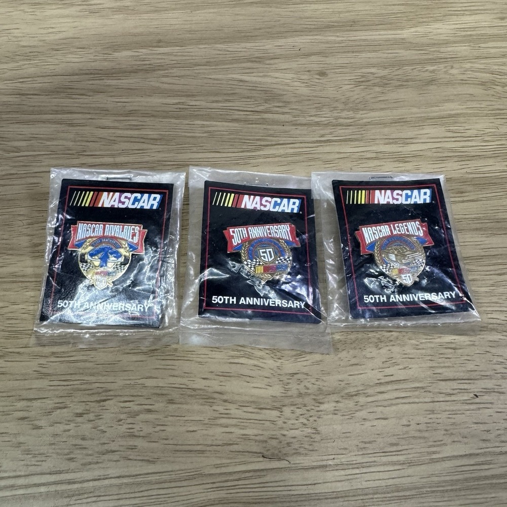 Vintage NASCAR 50th Anniversary Metal Enamel Pins Lot of 3 Brand New Wheels 1998